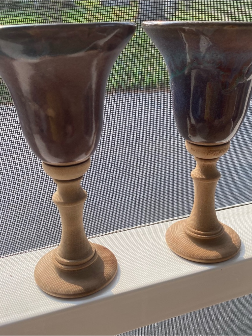 Set of 2 Handmade Porcelain Goblets Artisan Pottery Wine Glasses 10 oz Wooden St